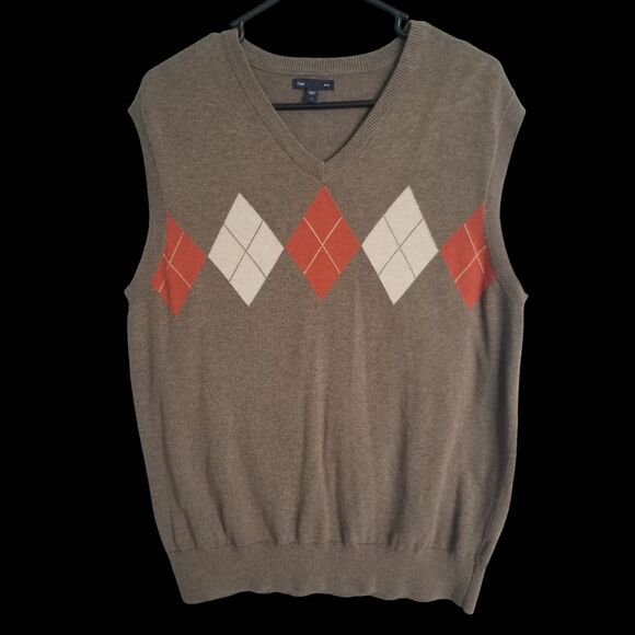 Gap Argyle Brown Orange Cotton Sweater Vest Retro V Neck Size Large - Picture 1 of 7